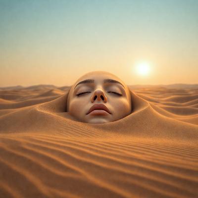 The primary subject of the image is a woman with a shaved head, who is lying down in the sand. The setting is a desert environment, with a sunset in the background. The visual style is a photo, capturing the woman's peaceful and relaxed demeanor. The colors in the image are predominantly warm and earthy tones, creating a serene and tranquil atmosphere.